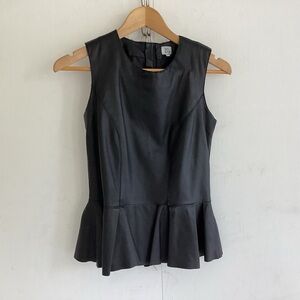 Iris & Ink Black Leather skirted back zipper round neck sleeveless lined top 4